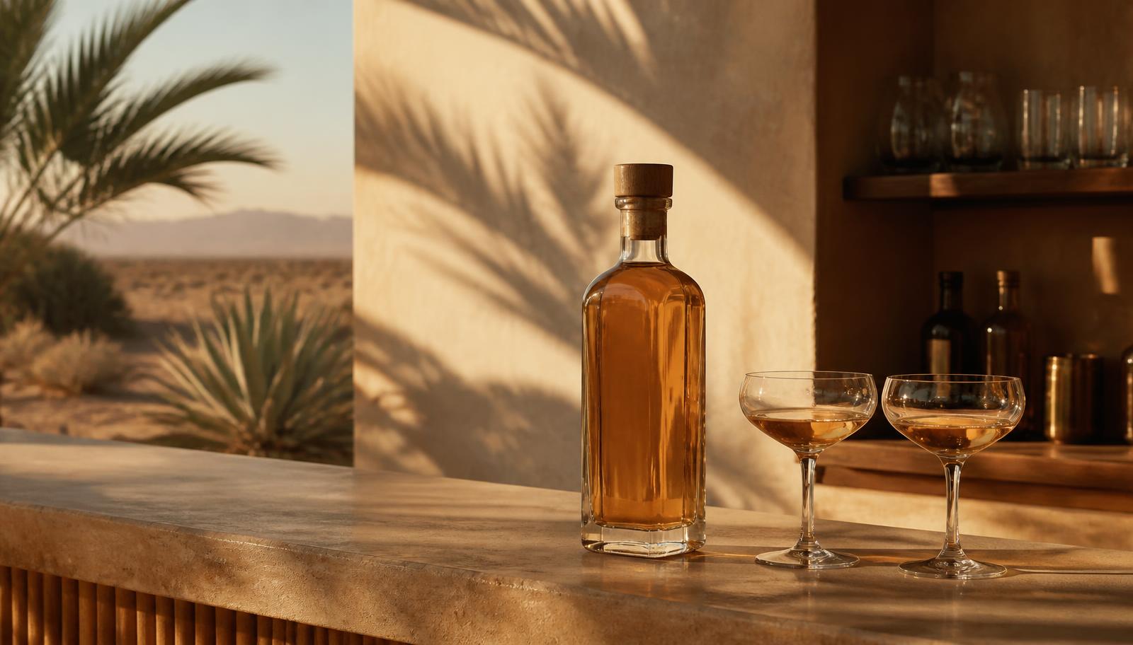 An amber agave spirit bottle and two coupe glasses on a sunlit desert bar counter at golden hour.