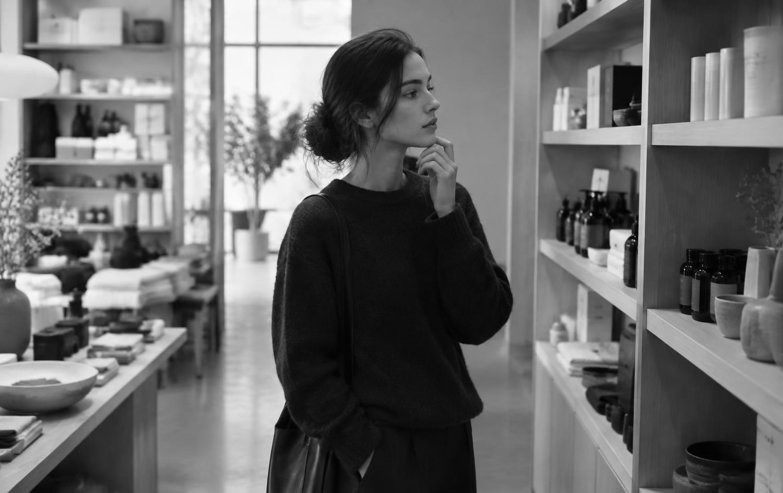 A young woman thoughtfully browsing shelves of products in a minimal concept store.