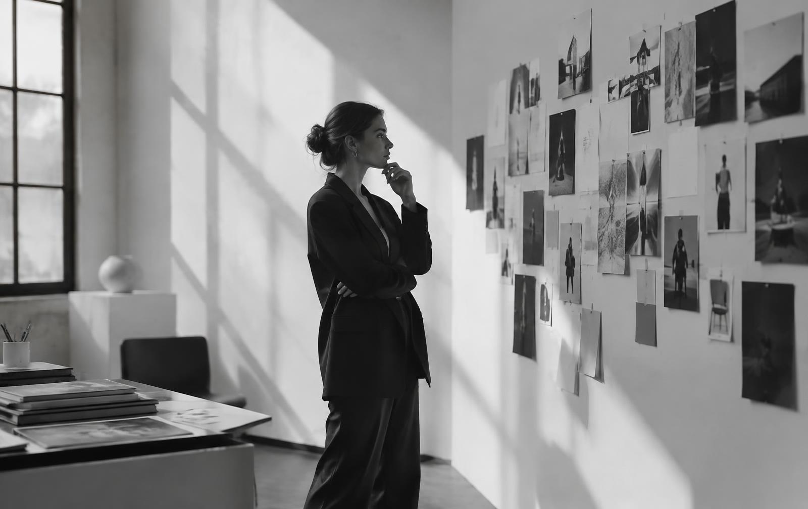 A founder in a bright studio studying a wall of pinned photographs and mood boards.
